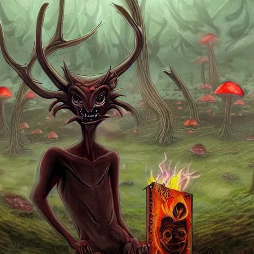 Image similar to a centered chest up portrait of a psychedelic demonic anthropomorphic wendigo smoking a hand - rolled cigarette smoking heavily, magic mushroom village in background. award winning. superb resolution. in the art style of junji ito and greg rutkowski. detailed mushroom city in background. hyper realistic anime. perfect art. dalle 2