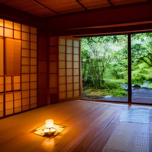 Prompt: inside a cozy dark wooden Japanese house with a indoor koi pond at night raining, bonsai trees, fireflies, wild flowers, raining, bamboo forest, night time