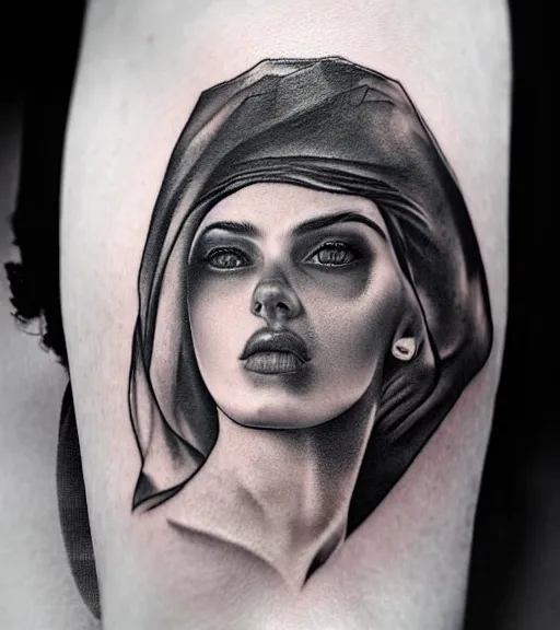 Prompt: amazing blend of a hyper realistic mountain scenery with a beautiful woman face, tattoo design sketch, in the style of matteo pasqualin, hyper - realistic, amazing detail, black and white