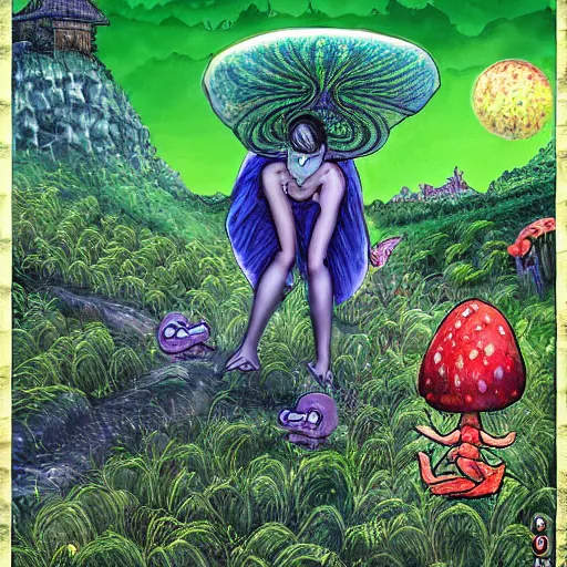 Image similar to Scary godlike fairy killing a frog ,detailed mushroom village in the background , Taras Shevchenko style, post-processing, fantasy , masterpiece , junji ito, painting , psychedelic colored