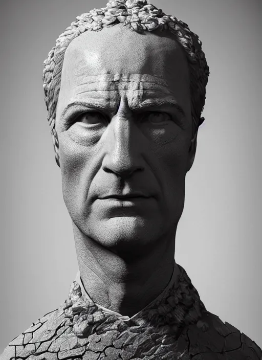 Prompt: portrait of bob odenkirk in cement, with a gold laurel wreath on head, dramatic rendering, fantasy, medieval wear, intricate, elegant, highly detailed, artstation, concept art, smooth, sharp focus, sculpture!!