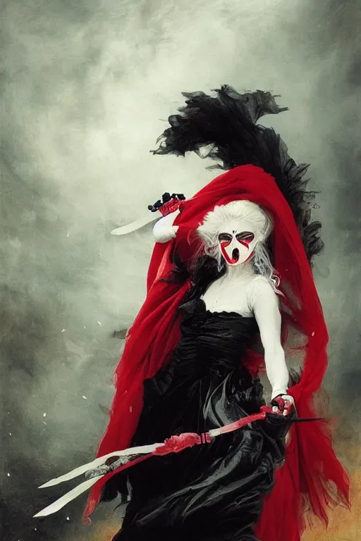 Image similar to a vampire with long light white hair and a red scarf, wearing a black mask over her mouth, windy, ribbons, melancholic, modern maximalist fashion dress, is ( ( holding a sword ) ). light dust, magnificent, hyperdetailed, theatrical, painted by jean honore fragonard and greg rutkowski