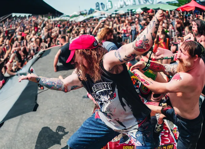 Image similar to photo still of gallagher at vans warped tour!!!!!!!! at age 4 5 years old 4 5 years of age!!!!!!! throwing watermelons at a crowd, 8 k, 8 5 mm f 1. 8, studio lighting, rim light, right side key light