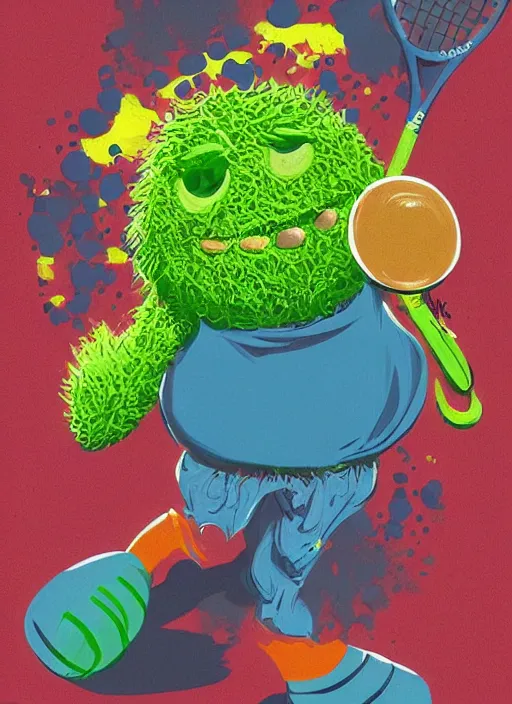 Image similar to good morning pancake and coffee monsters , a tennis ball monster ,tennis ball, colorful, digital art, fantasy, magic, trending on artstation, ultra detailed, professional illustration,chalk, poster artwork by Basil Gogos , clean