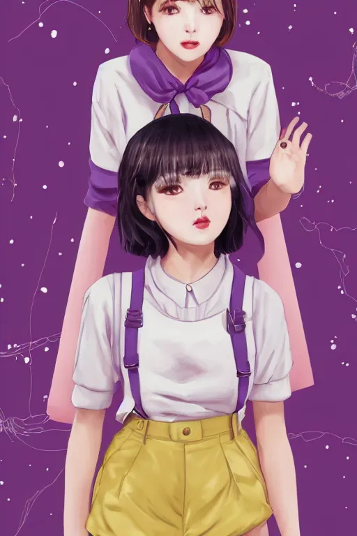 Image similar to Portrait of Eunha from Viviz and gFriend with short hair wearin purple overall shorts, short puffy pants, white tights, Golden Ribbon, and a billowy scarf. masterpiece 4k digital illustration, award winning, Artstation, intricate details, realistic, panoramic view, Hyperdetailed, 8k resolution