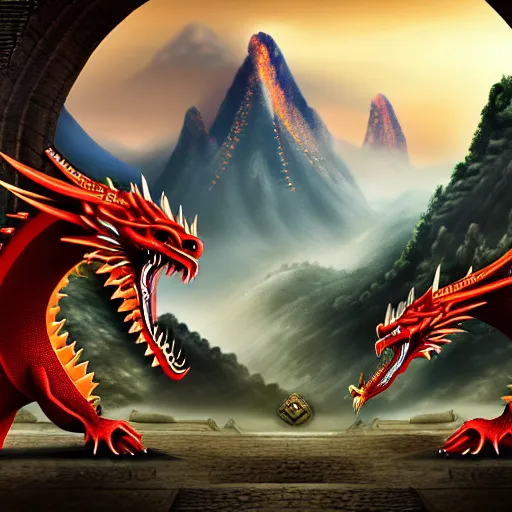 Prompt: Chinese president, bananas weapon, battle the dragon, centered, highly detailed, mountains, epic composition, background, fantasy art, 8k