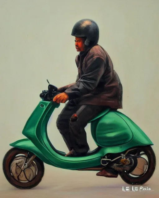 Prompt: kayne riding moped, aged oil painting by le pho