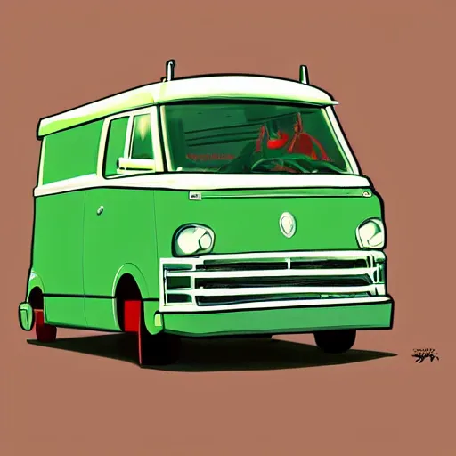 Image similar to retro painting illustration of a volswagen van, 2 d, pastel color, green, yellow, red, retro style art, trendy on artstation