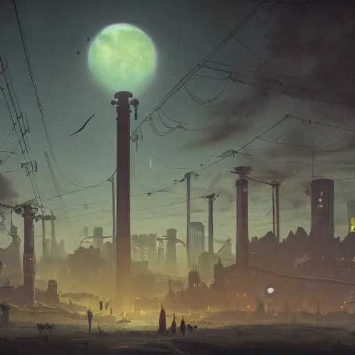 Prompt: An atompunk city with the moon shining through the clouds in utopia by Simon Stålenhag and Greg Rutkowski,In style of Grant Wood.hyper detailed,8K Resolution,unreal engine 5,Ray Tracing,highly realistic.trending on Artstation