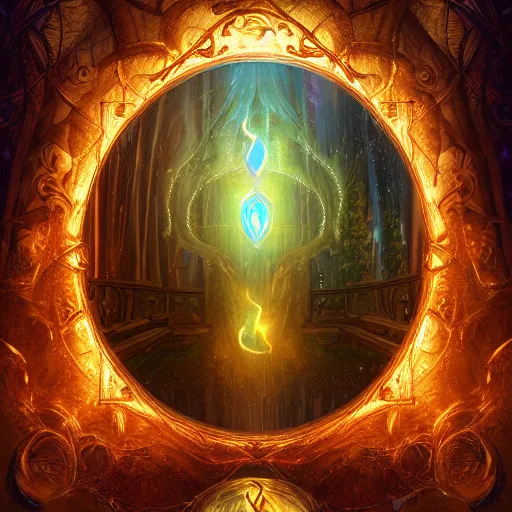 Image similar to a spell binding mirror, glowing magical symbols surrounding the mirror, epic mystical background by Keith Thompson and Christopher Bretz, highly detailed, digital painting, HDRI, vivid colors, high contrast, 8k resolution, intricate, photorealistic, smooth