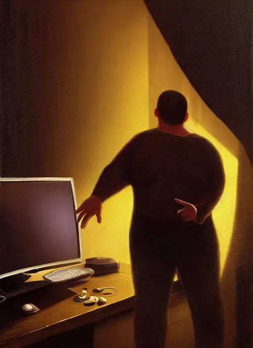 Image similar to insanely detailed chiaroscuro image of a exhausted - looking slightly ( ( ( overweight ) ) ) casually - dressed programmer guy on his knees facing his glowing ultrawide computer monitor monitor begging it for forgiveness, oil on canvas, masterwork, fine detail, trending on artstation, emotive, insanely compelling, ryden, koons, moebius