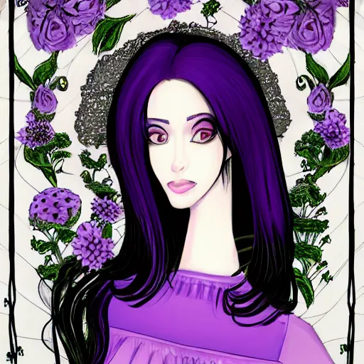 Prompt: character concept art of beautiful delicate pale goth woman with black hair, wearing long black and purple dress, highly detailed, illustration