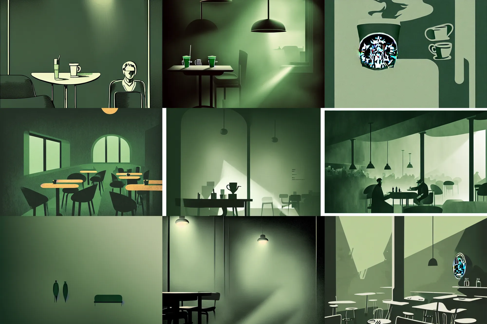 Prompt: editorial illustration by karolis strautniekas and mads berg, illustrated starbucks interior, low fog, fine texture, detailed, green white brown muted colors, dramatic lighting, dynamic composition, vivid, matte print, wide angle, ( ( sunbeams ) ), moody