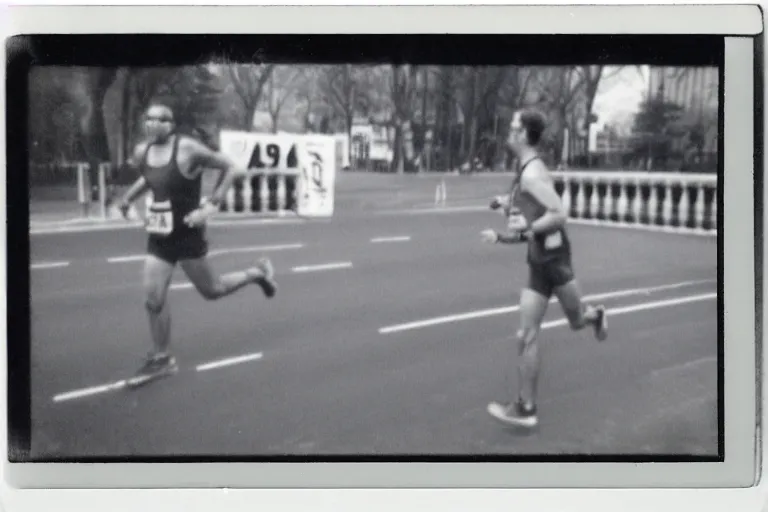 Image similar to dark old polaroid of a sad man running a marathon