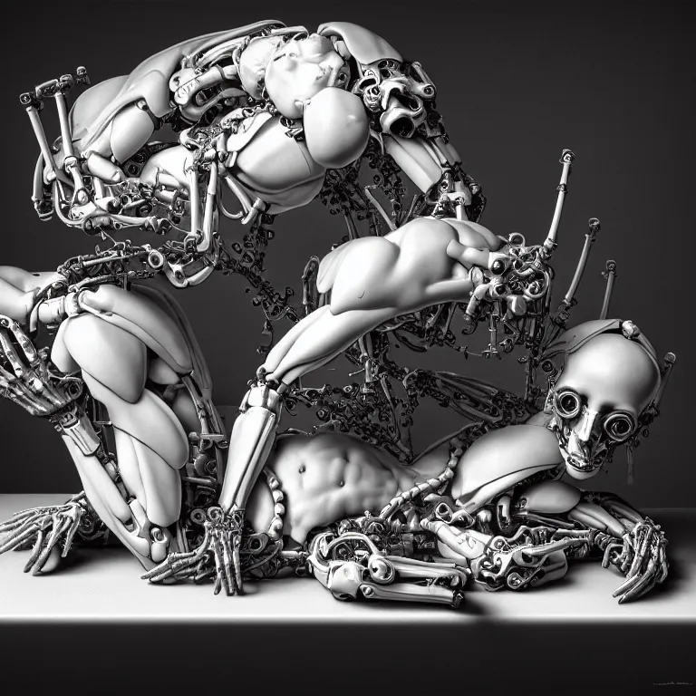 Image similar to still life of two biomechanical cyborg male lovers laying on a table, pastel flowers on a table, surreal alien ribbed pastel fruit, white human spine, baroque painting, beautiful detailed intricate insanely detailed octane render trending on Artstation, 8K artistic photography, photorealistic, chiaroscuro, Raphael, Caravaggio beautiful BW monochrome