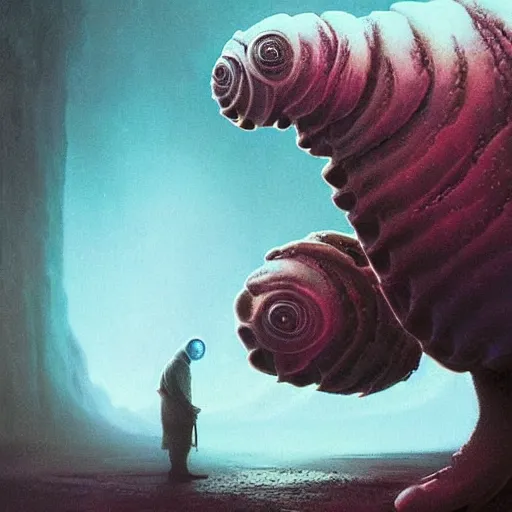 Image similar to fractal tardigrade!!! terror and horror painting tardigrade!!! descending onto an alcoholic earth, by greg rutkowski and studio ghibli, inspired by zdzisław beksinski, cinematic, atmospheric, dramatic colors, dawn.