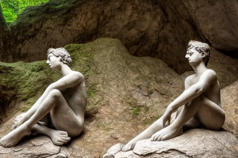 Image similar to high quality beauty statue sitting at the entrance of a huge cave in the middle of a forrest, highly detailed, cinematic smooth, stephen shore & john j. park, soft morning light, wide shot, high angle, uhd 8 k, deep focus