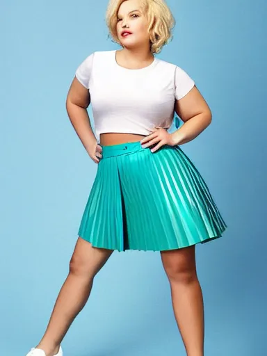 Prompt: a high resolution photo of a cute, plump, chubby, blond, teenage model with short hair wearing a short, pleated skirt. trendy clothes. teen vogue.