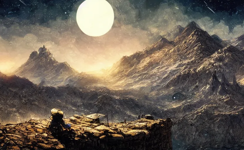 Prompt: mountains, stars and paisley filled sky, artstation, intricate, highly detailed, digital painting, concept art, sharp focus, illustration by Enki Bilal and Yoshitaka Amano