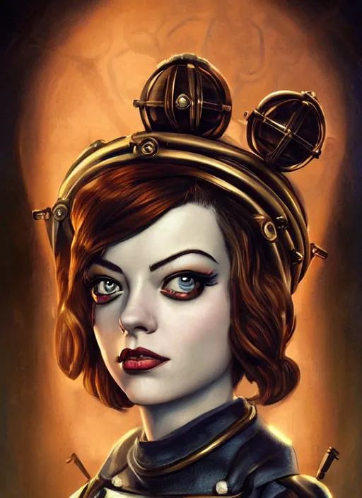 Prompt: Bioshock steampunk portrait of Emma Stone, Pixar style, by Tristan Eaton Stanley Artgerm and Tom Bagshaw.