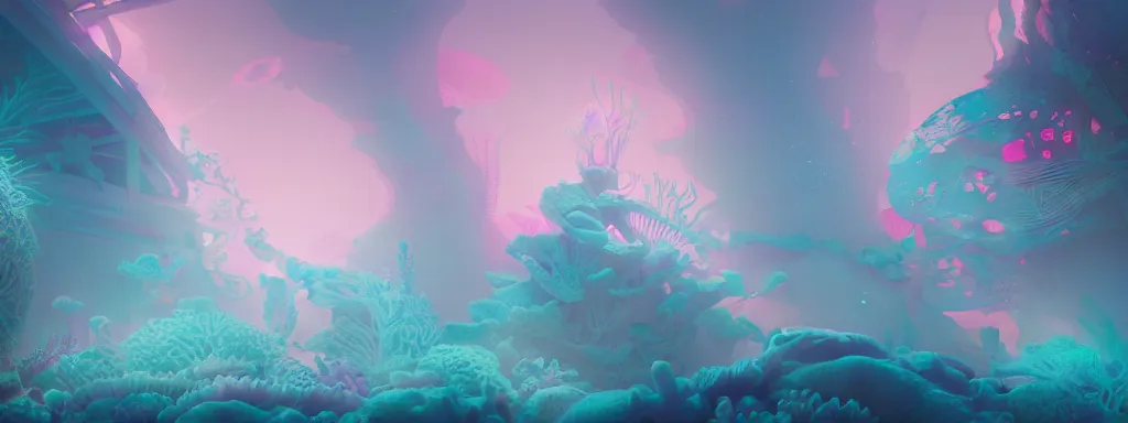 Prompt: city in a coral reef by charlie bowater and anna dittmann and artgerm and clemens ascher, intricate, elegant, pink and blue and green mist, highly detailed, dramatic lighting, sharp focus, octane render, trending on artstation, artstationhd, artstationhq, unreal engine, 4 k, 8 k