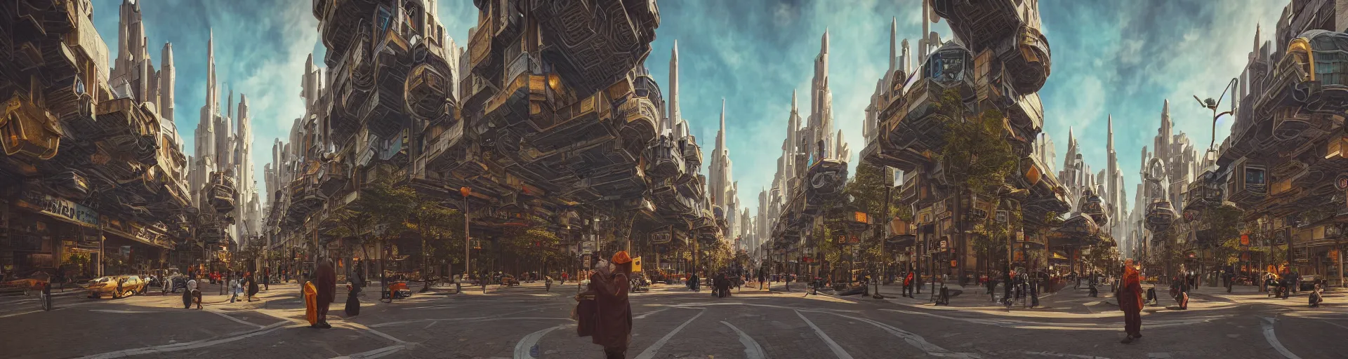 Prompt: a man-on-the-street photograph of a dwarven city with retrofuturist art deco architecture, the city is marbled with forested parks, steampunk airships fly overhead, 4k, ultra realism, hyper detailed