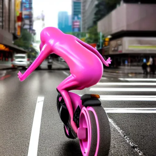 Image similar to hyper realistic, photo, humanoid pink female Squid girl, popping wheelie on motorcycle fast in the rainy city traffic