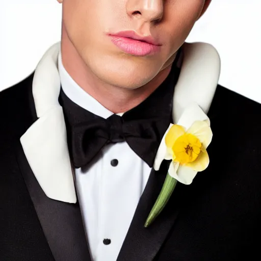 Prompt: full body portrait of a young handsome melancholic male leyendecker model with slicked back red hair, a symmetrical clean - shaven face and white eyes, wearing a white tuxedo jacket with a yellow popper flower in its lapel, symmetry, reflection, mirrors, myth of narcissus, perfectly symmetrical composition, rule of thirds, by pierre et gilles