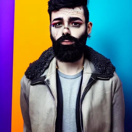 Image similar to bust portrait of handsome proud man with short black hair with grey hair, piercing in eyebrow, very short full beard, cyberpunk, fashion editorial photography, neon color scheme, waist up, low angle