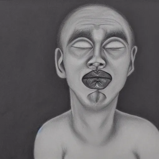 Prompt: a black and white photo of a man with a strange face. precisionism, charcoal drawing, surrealist, genderless