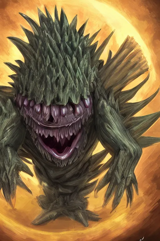 Image similar to a humanoid figure artichoke monster with large sphere eyes and a voracious mouth, highly detailed, digital art, sharp focus, trending on art station, plant, anime art style