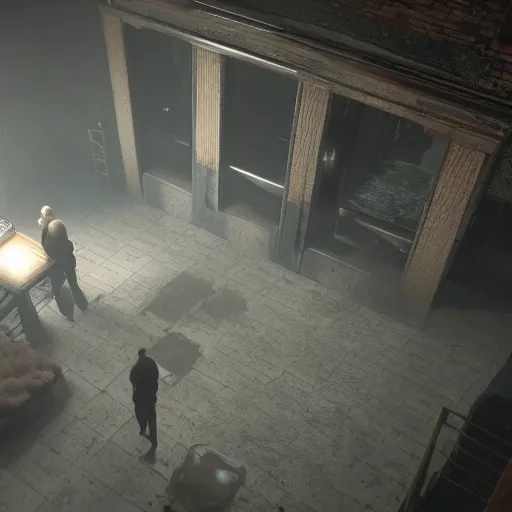 Prompt: playstation 5 screenshot of silent hill, overhead view, highly detailed