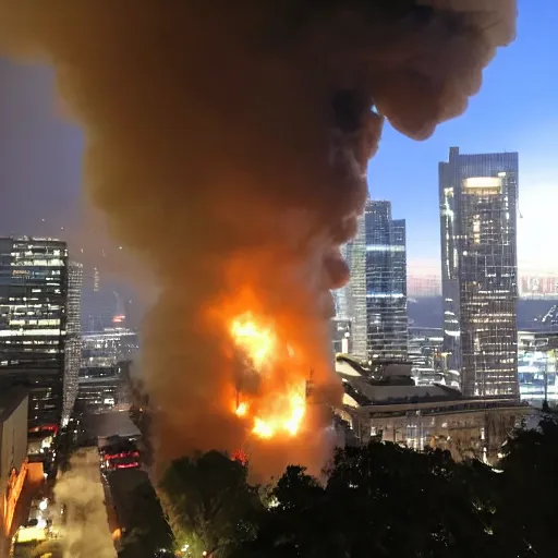 Prompt: wide angle shot of skyscraper on fire, with police and firetrucks on street, police car lights