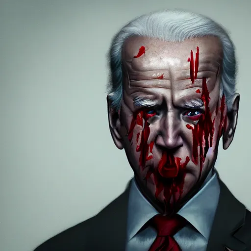 Prompt: centered detailed portrait of joe biden and demon, red eyes, grey long hair, demon horns, bloody, details, intricate, octane render, smooth, illustration, dark background, hyperrealistic, by dmitry prozorov, loish, and wlop