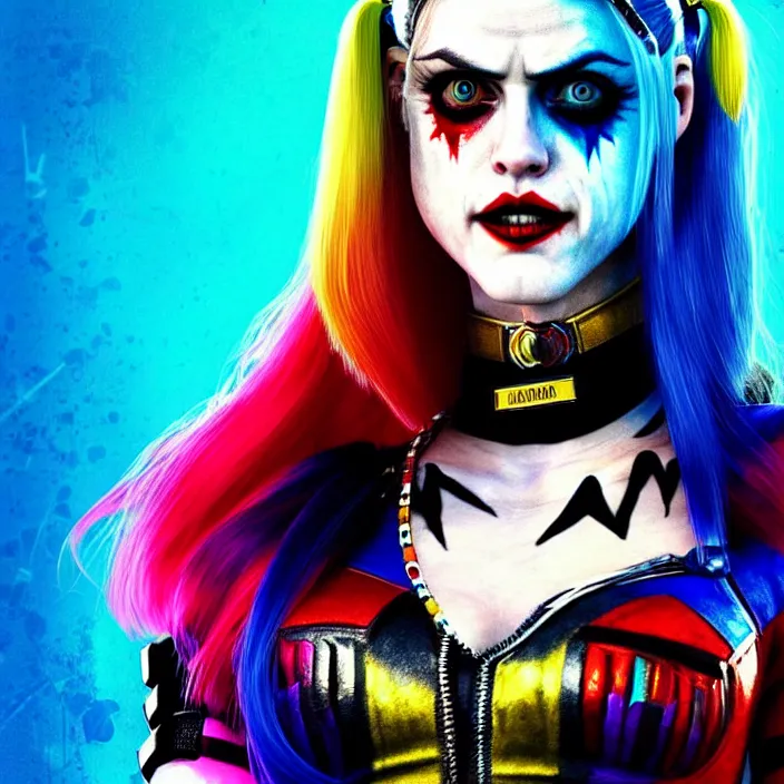 Image similar to portrait of alexandra daddario as a harley quinn in suicide squad. intricate abstract. intricate artwork. by tooth wu, wlop, beeple, dan mumford. octane render, trending on artstation, greg rutkowski very coherent symmetrical artwork. cinematic, hyper realism, high detail, octane render, 8 k, iridescent accents