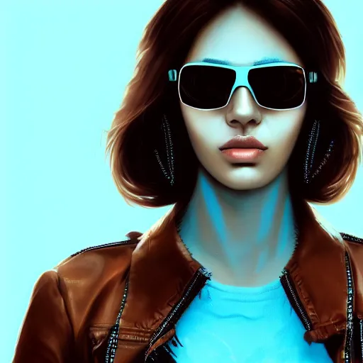 Image similar to closeup painting of a very beautiful young mexican cyberpunk woman with a smirk, wearing light blue shutter shades and a dark brown leather jacket, one side haircut, long brown hair with light blue ends, portrait, hyperdetailed, artstation, cgsociety, 8 k, synthwave by tangerine dream