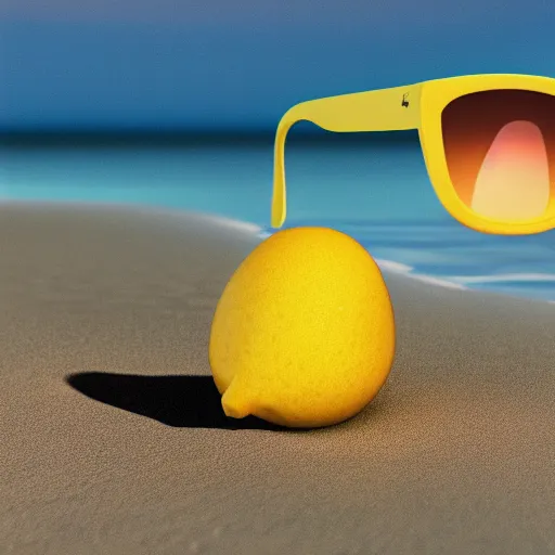 Prompt: an octane render of a smiling lemon with sunglasses on the beach