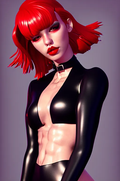 Prompt: dreamy girl character with perfect body in a nice black leather suit and red lips, very artistic pose, perfect lighting. professional design. great composition, illustration, highly detailed, digital painting, concept art, trending on artstation, unreal engine 5, ray tracing