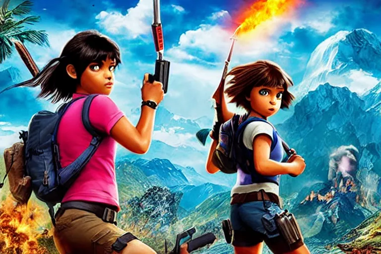 Image similar to Dora the Explorer vs Lara Croft, film by Michael Bay