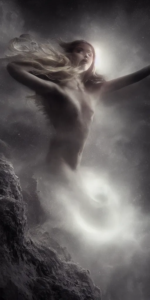 Image similar to stunning otherworldly goddess of beauty rising from the void, dark and mysterious, stopped in time, atmospheric, ominous, eerie, cinematic, Epic, 8k, 4k, ultra detail, ultra realistic, rendered by awesomeness