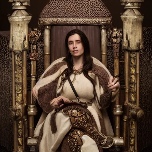 Image similar to the elder scrolls vi, charismatic regal brunette female jarl, portrait, rustic throne room, atmospheric lighting, painted, intricate, volumetric lighting, beautiful, daytime,, slight overcast weather, 4 0 0 0 k, sharp focus, deep colours, ultra detailed, by leesha hannigan, ross tran, thierry doizon, kai carpenter, ignacio fernandez rios