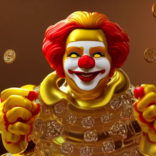 Image similar to A still of Ronald McDonald surrounded by gold and diamonds, Award-winning, photograph, 3d render, unreal engine, 4k detailed