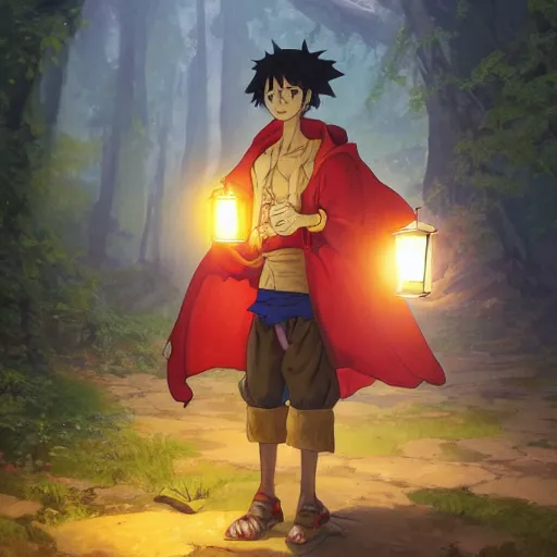 Image similar to concept art painting of an anthropomorphic luffy wearing a yellow cloak, holding a lantern, in the deep forest, realistic, detailed, cel shaded, in the style of by isaac asimov and marc simonetti and makoto shinkai and greg rutkowski and james gurney