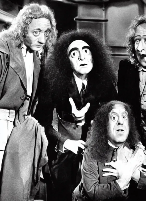 Image similar to Billy Wilder, Marty Feldman and weird al Yankovic in a still of the movie Young Frankenstein, hyperrealistic, cinema