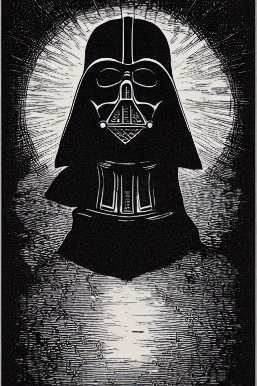 Prompt: horror death darth vader laurie greasley and rene magritte, etching by gustave dore, intricate, sharp focus, illustration, highly detailed, digital painting, concept art, masterpiece