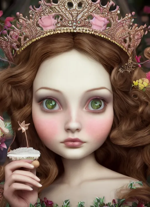 Image similar to closeup face profile portrait of a fairytale princess wearing a crown eating cakes, bikini, depth of field, zeiss lens, detailed, symmetrical, centered, fashion photoshoot, by nicoletta ceccoli, mark ryden, lostfish, breathtaking, 8 k resolution, extremely detailed, beautiful, establishing shot, artistic, hyperrealistic, octane render