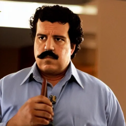 Image similar to film still of pablo escobar as max payne in the upcoming film, smoke, office scene, bloody, corpses