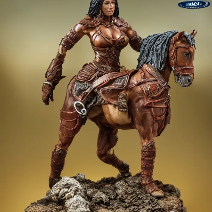 Image similar to 80mm resin detailed miniature of a Muscular Woman warrior standing next to a Horse, Product Introduction Photos, 4K, Full body, simple background