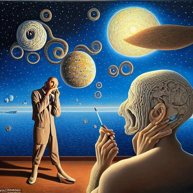 Image similar to an oil on canvas portrait of a man painting a portrait of a beautiful woman, surrealism, surrealist, lovecraftian, cosmic horror, rob gonsalves, high detail