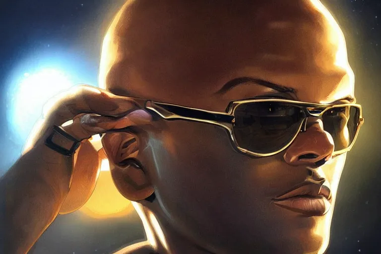 Prompt: Beautiful portrait of a skin glowing male police officer wearing cool shades. wide angle, magic, fire, darkness, dramatic lighting, Africa, intricate, wild, highly detailed, digital painting, artstation, concept art, smooth, sharp focus, illustration, art by artgerm and greg rutkowski and alphonse mucha, footage from space camera